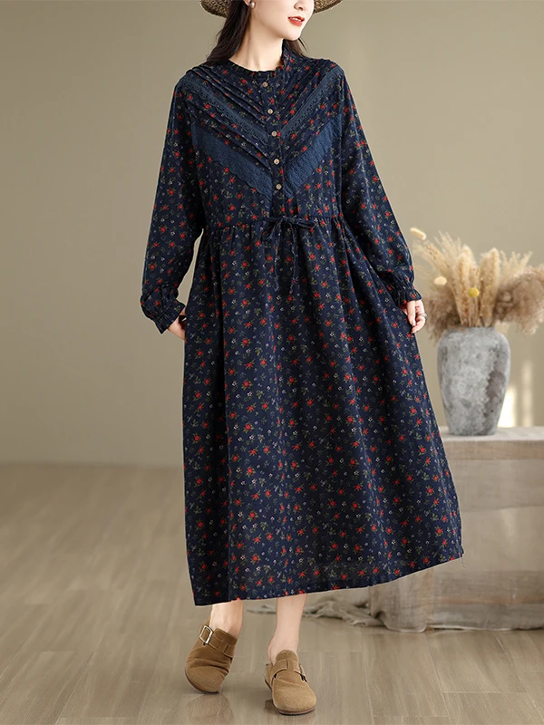 Retro Floral Print Loose Women's Dr Autumn New Sle Artistic Slimming Belted Versatile Cotton Long Sve round Ne Dr