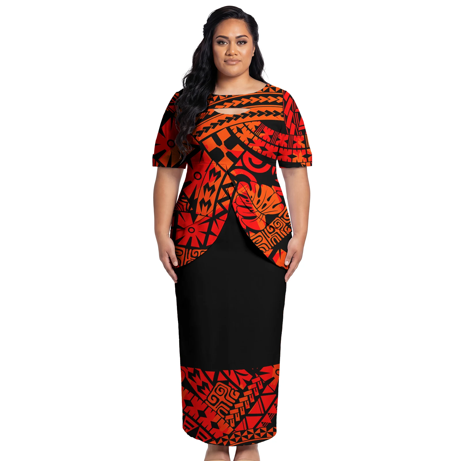 Hawaiian Beach 2pc Set Dress Samoan Tribal Design Elegant Puletasi Polynesian Double Layer Slit Top and Long Skirts 2 Piece Set