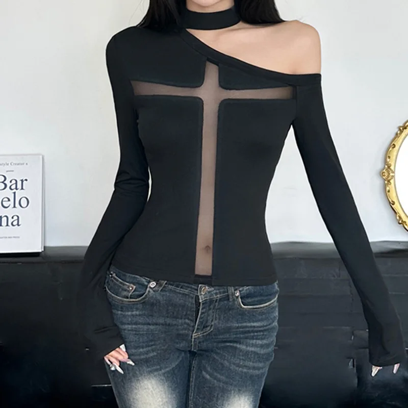 

Zeyla Women's 2025 Off-Shoulder Mesh Top Gothic Lace Long Sleeve Tee Sexy Sheer Y2K Streetwear Layering Basic Casual Shirt