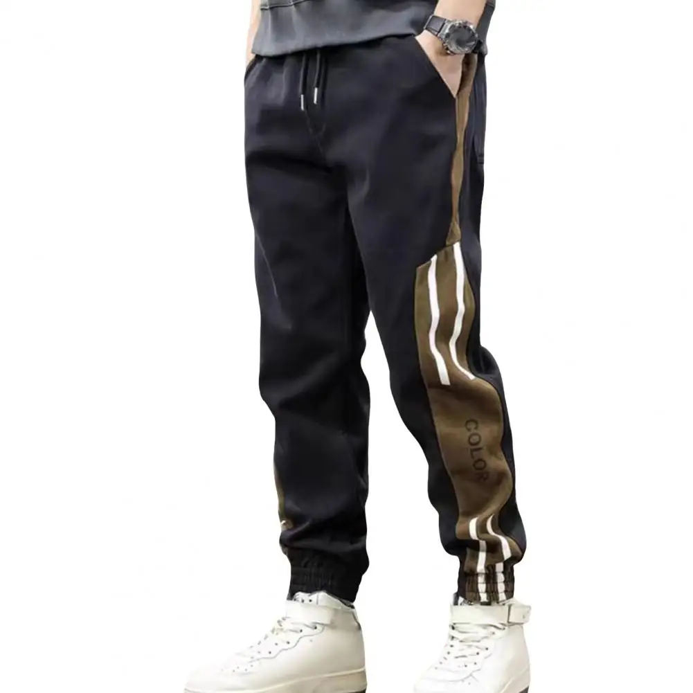 

Elastic Waistband Pants Men's Spring Fall Cargo Pants with Drawstring Waist Ankle-banded Pockets Contrast Color for Daily