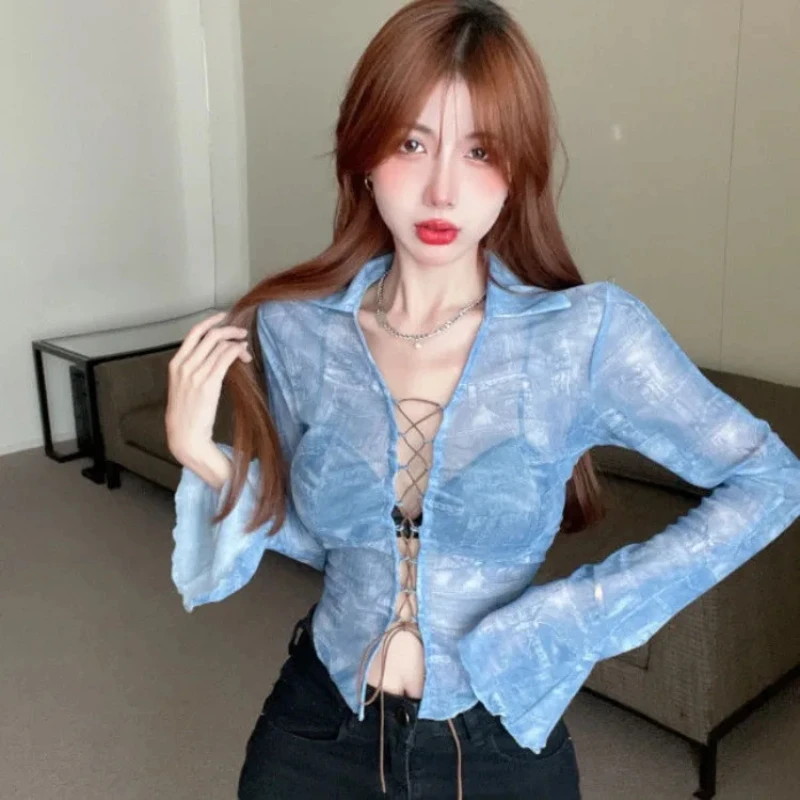 

Sexy Mesh Lace Up Long Sleeve Shirts Women Street American Vintage Slim Fit Blue Blouses 20235 Summer New Blusas Mujer