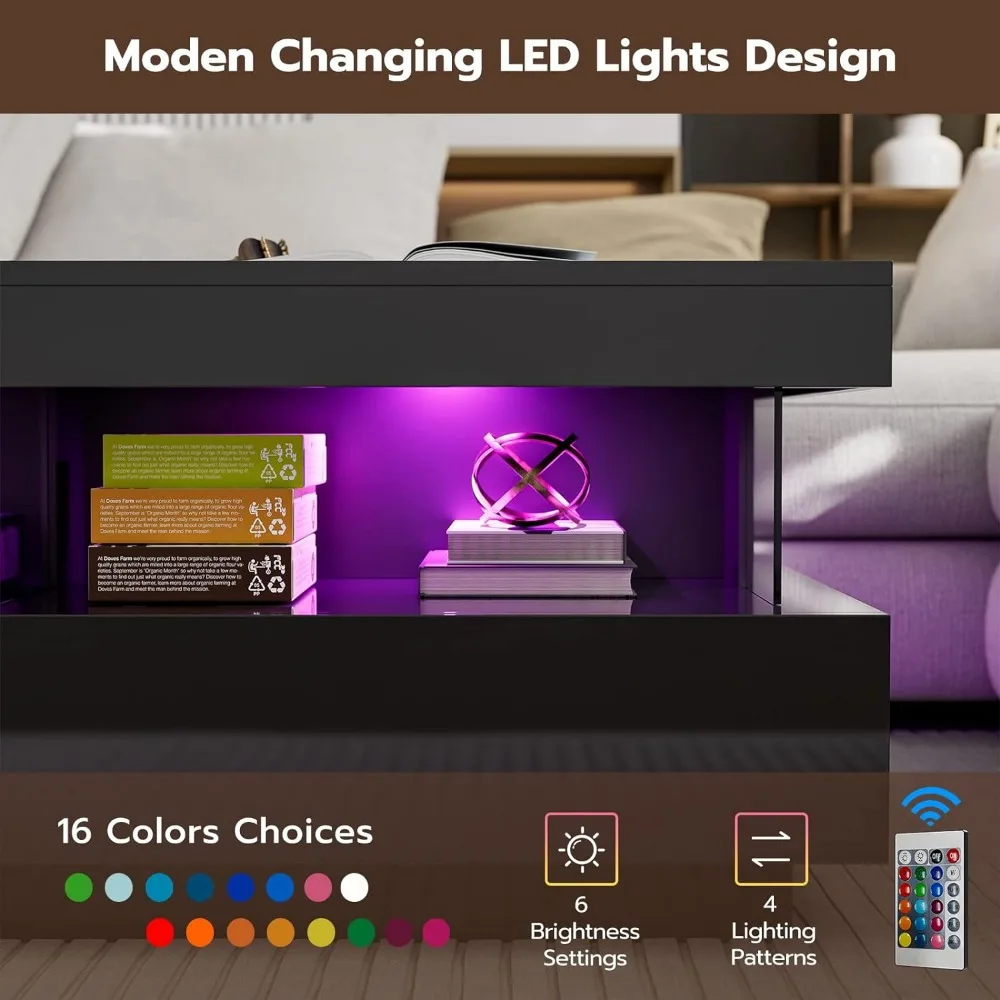 Mesa de centro con diseño acrílico, espacio abierto y 2 cajones de almacenamiento con luz LED de 16 colores para sala de estar, dormitorio, mesa de centro