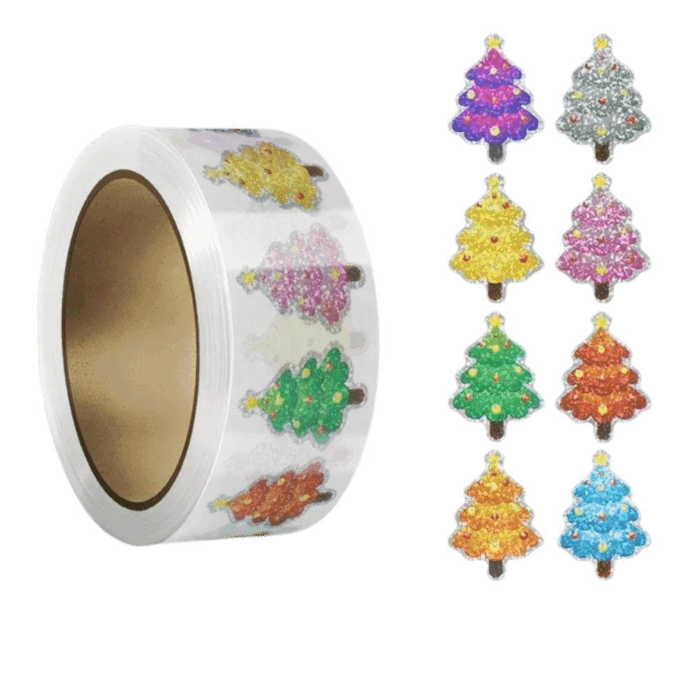 500 Sheets/roll Laser Self-Adhesive Christmas Stickers Self Adhesive Roll-Pack Decorative Tags Xmas Tree Santa Claus