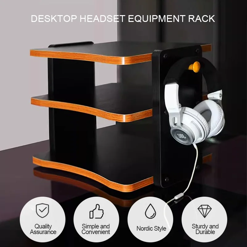 Desktop Headphone Amplifier Rack 3 Tier 4 Tier Adjustable Nordic Walnut Black MDF 50KG Load Headphone Hanger Dual Color