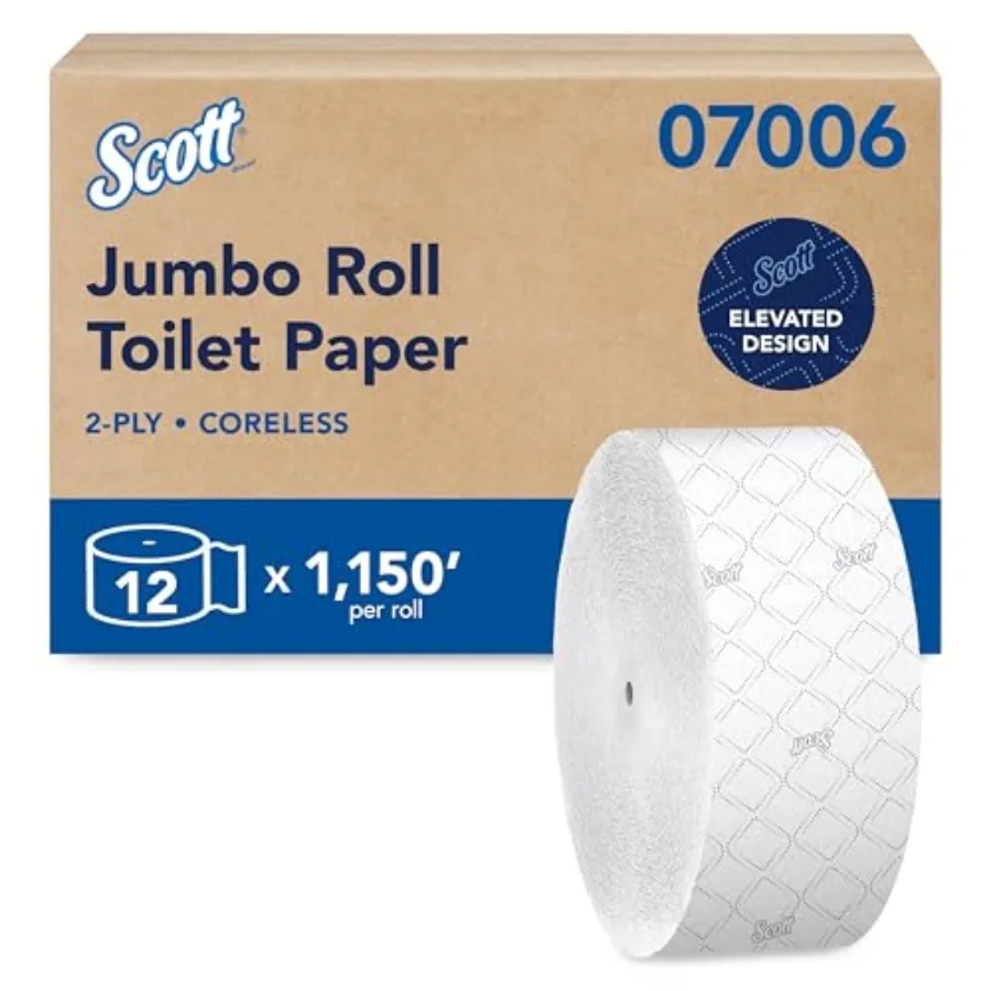 

Coreless High-Capacity Jumbo Roll Toilet Paper, Bulk 07006,2-Ply, Elevated Design, Septic Safe, White (12 Rolls at 1, 150' Each