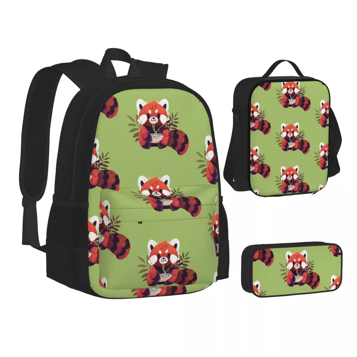 Red Panda Eating Ramen Backpacks Students Bookbag School Bags Children Rucksack Lunch Bag Pen Bag Three-Piece Set