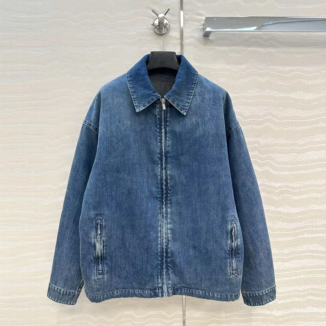 

2025 New Autumn Winter Warm Fleece Lining Blue Denim Vintage Jacket Women Lapel Long Sleeve Zipper Loose Streetwear Coat