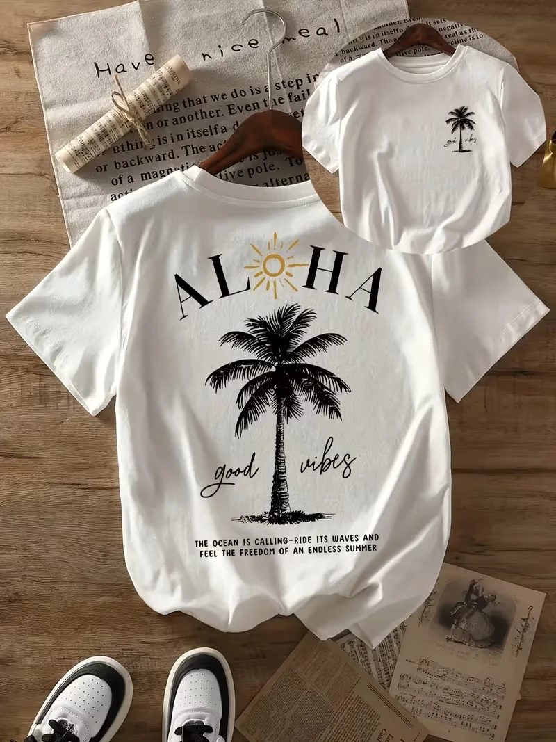 Camiseta con estampado de palmeras Aloha Good Vibes, parte delantera y trasera, camiseta informal de manga corta con cuello redondo para mujer, camiseta Tropical Summer Getaway ﻿