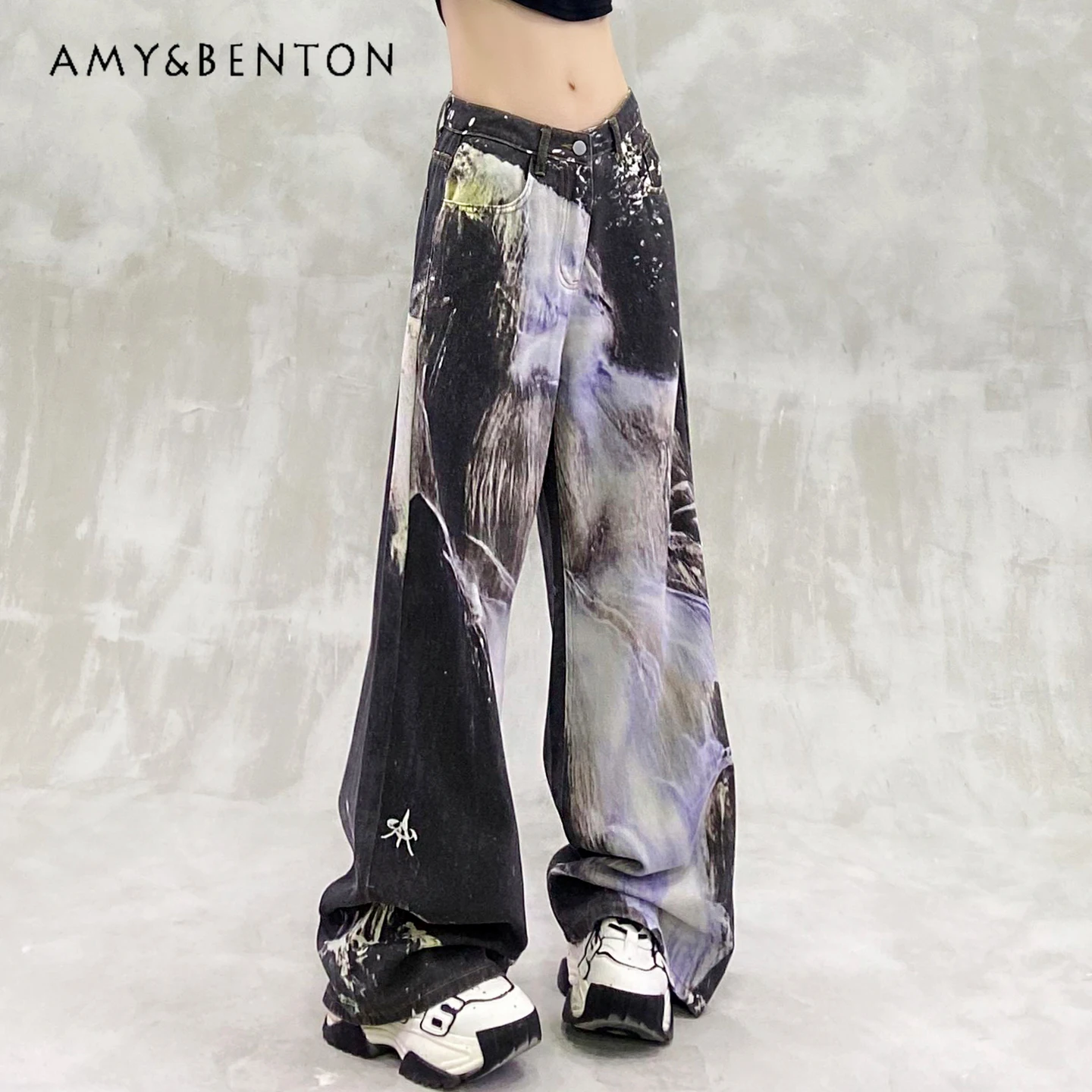 

2025 Summer New Color Block Printed Design Washed Casual Jeans High Waist Loose Slimming Versatile Straight Wide Leg Pants