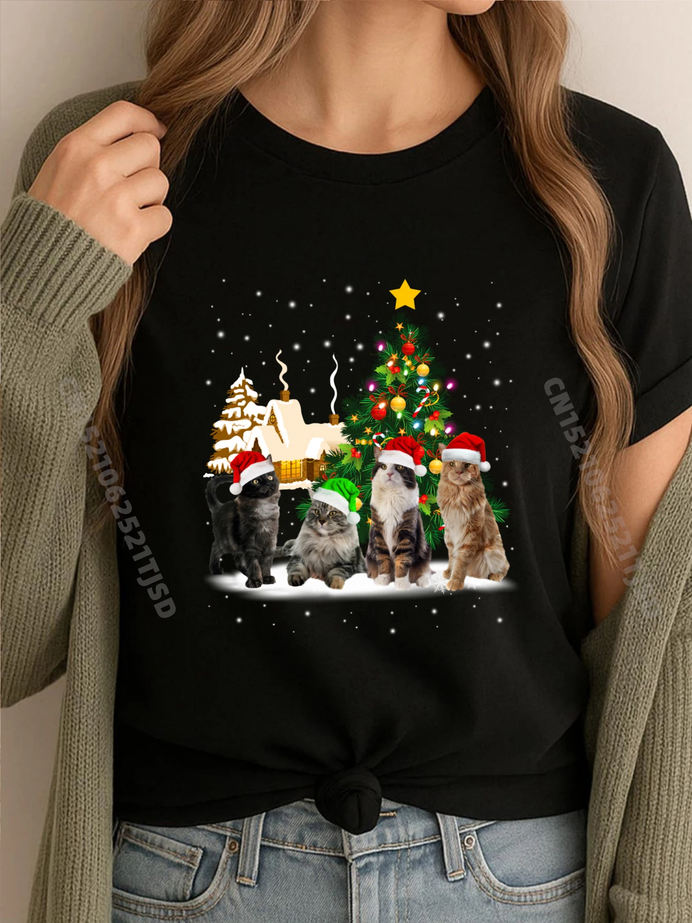 

Рождественская сцена с изображением кота, забавные кошки, рождественская винтажная футболка, женская распродажа