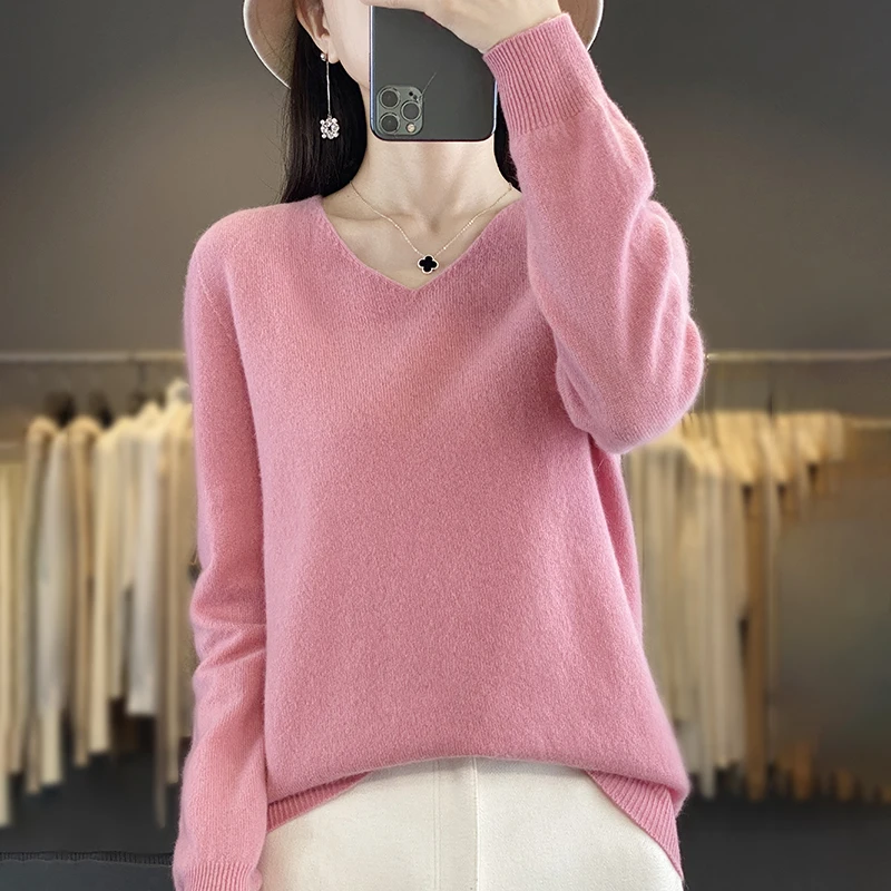 Nuovo pullover con scollo a V a maniche lunghe, maglione lavorato a maglia autunno e inverno da donna in tinta unita alla moda e confortevole - WQ103