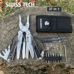 SWISS TECH 37 In 1 Multitool Pliers Folding Multi Tool Scissors Cutter Replaceable Saw Blade EDC Outdoor Hand Tools Home Repair