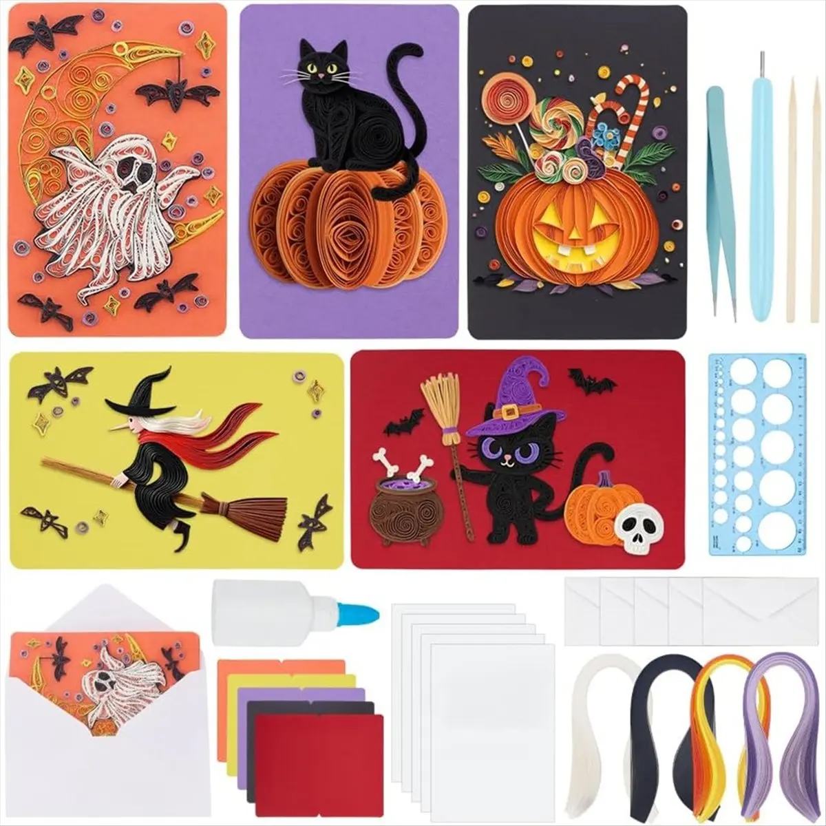LUCK 20 Sets Halloween Paper-Quilling Kit for Adult Beginner Cats Greeting Card Making Kit Quilling Card for Halloween Decor