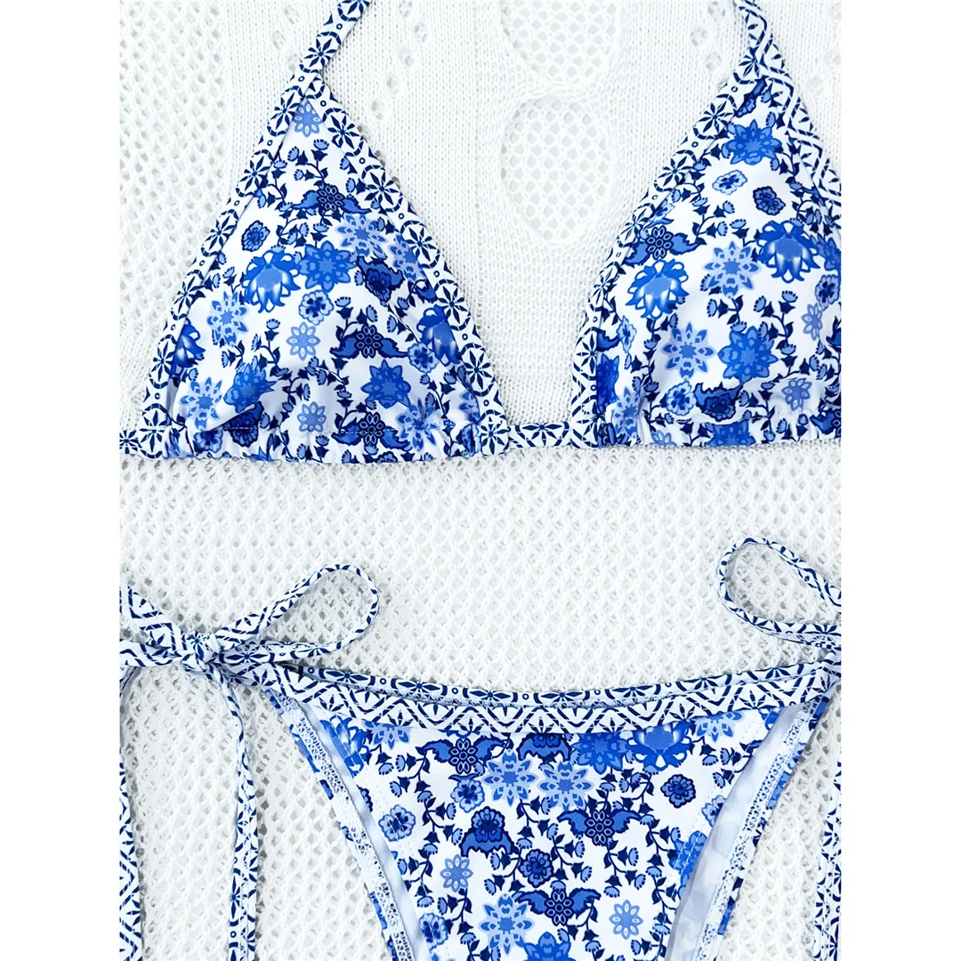 Blumenmuster, Neckholder, hoch geschnittener Bikini, Damen-Badeanzug, zweiteiliges Bikini-Set, Badebekleidung, Badeanzug, Schwimmbekleidung V5614 – Detail 11