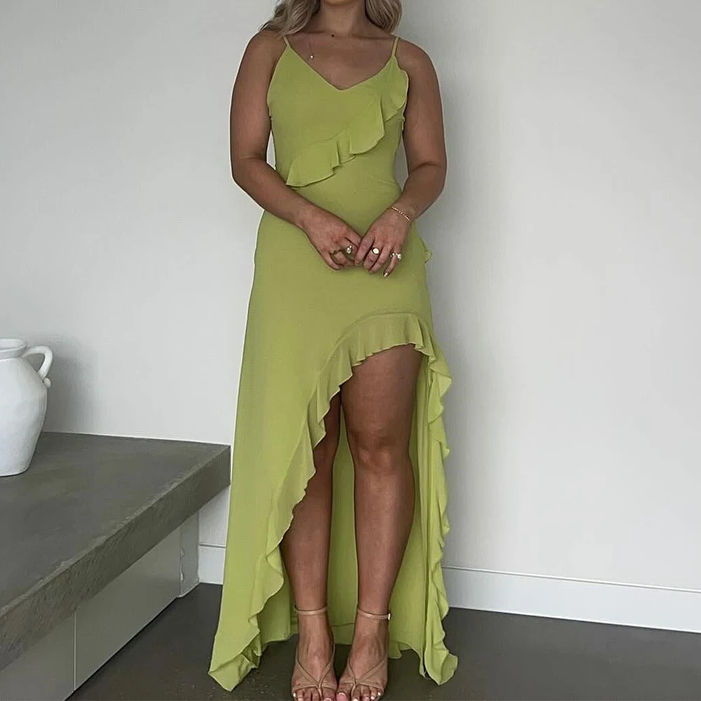 

Classic V-Neck Chiffon Spaghetti Straps Sleeveless Straight Pleats Ruffles Floor Length Evening Dress Solid Green Color Bespoke