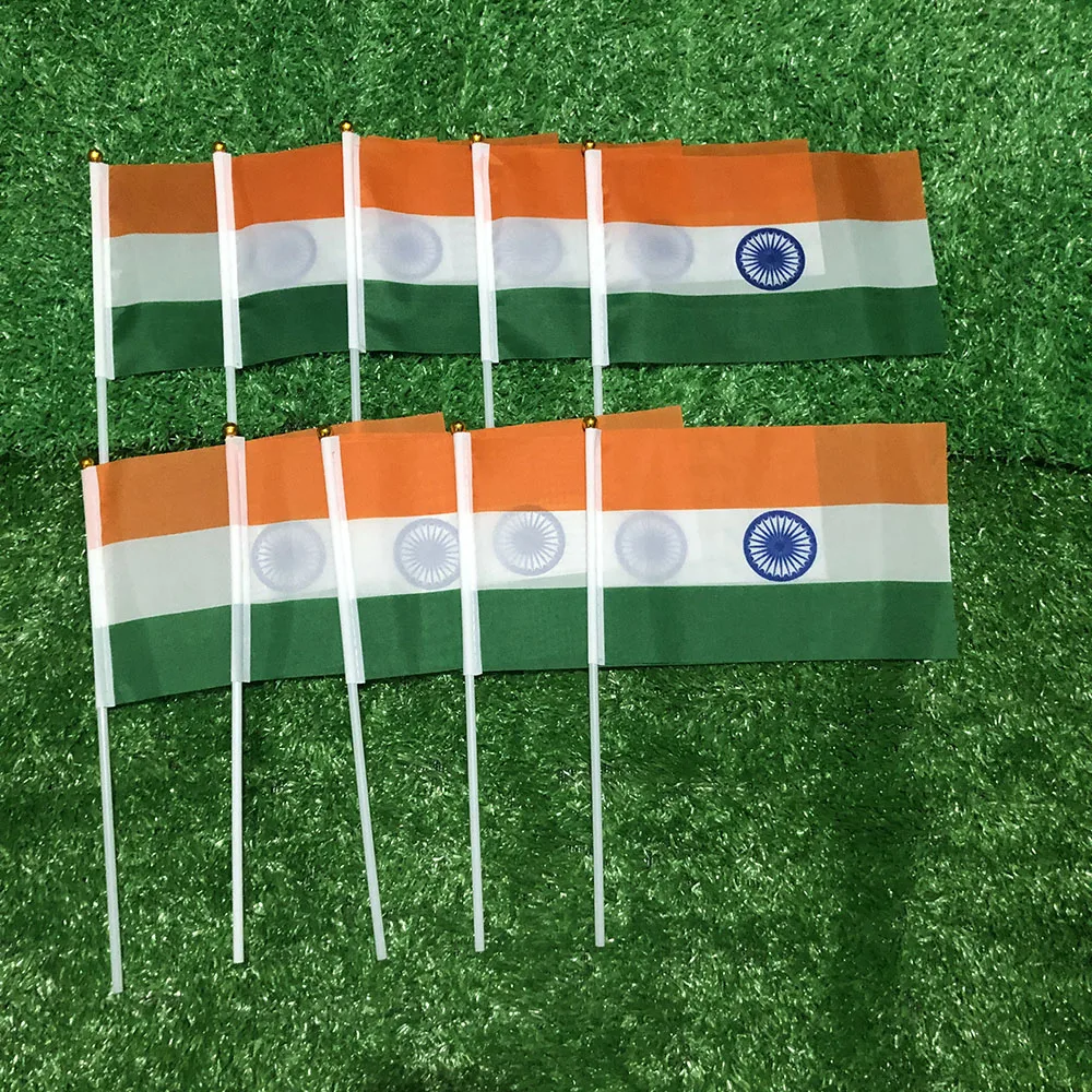 SKY FLAG India hand flag 14x21cm 100pcs polyester double side penetration India Indian hand waving Flag with plastic pole