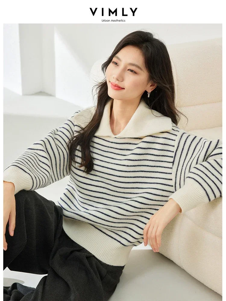 Vimly Women\'s Striped Sweater 2023 Winter New Thick Warm Long Sleeve Top High Strecth Lapel Pullover Casual Female Clothes 72528