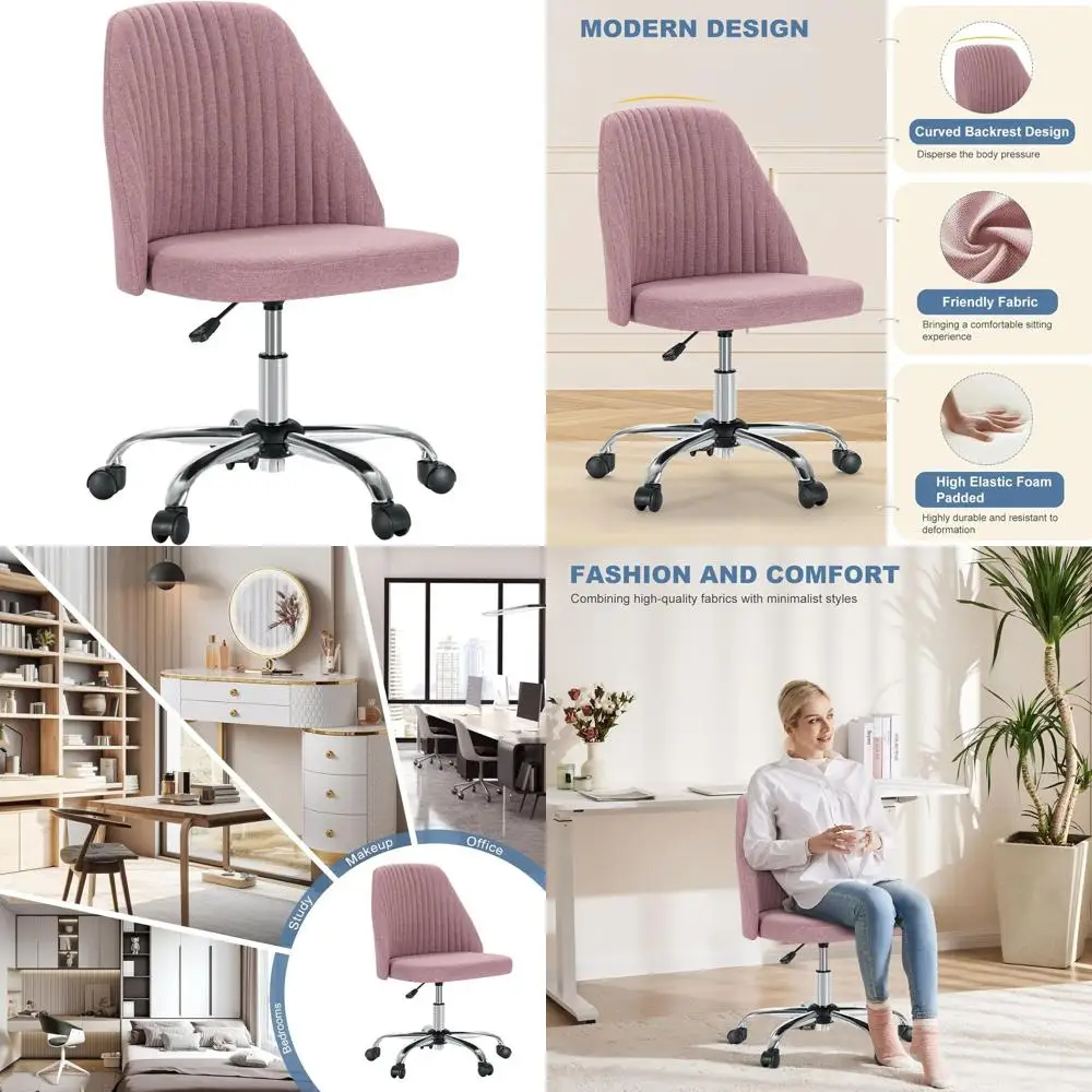 

Современный регулируемый по высоте стул для рабочего стола на колесиках, без подлокотников для комфорта, идеально подходит для домашнего офиса, спальни, кабинета или макияжа, розовый Va