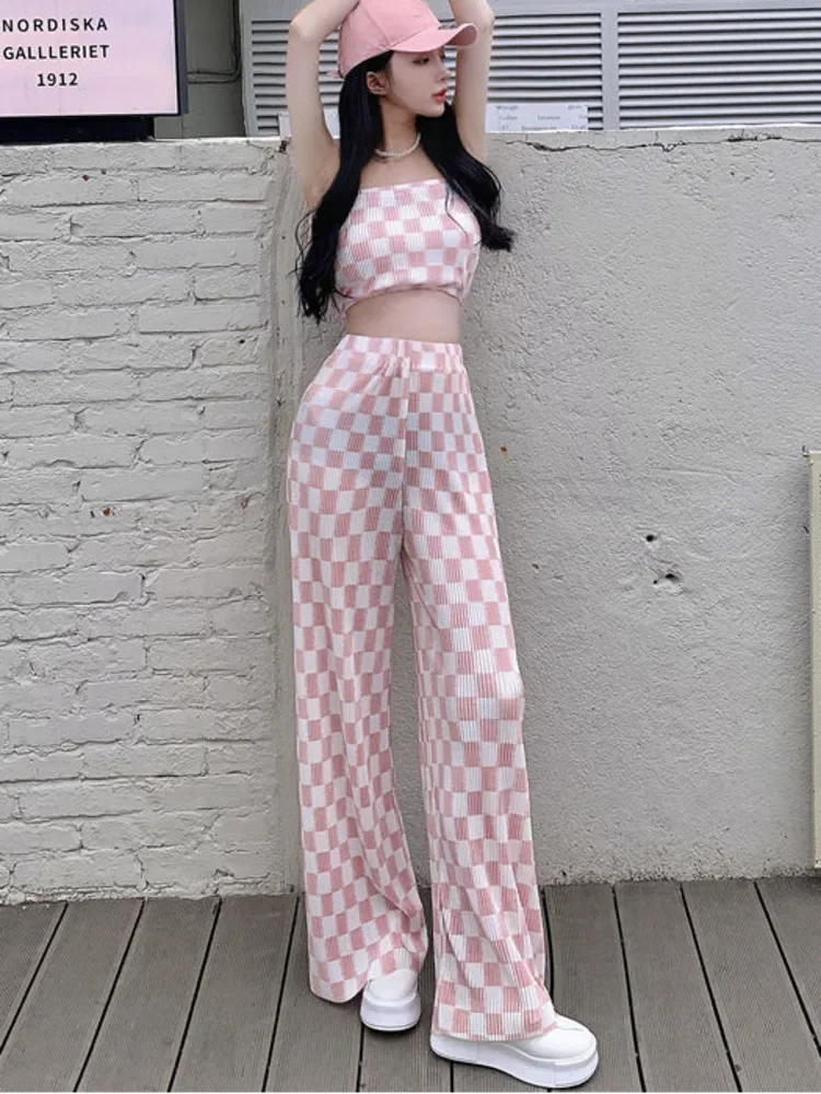 Y2k New Summer Fashion Casual Plaid 2 Piece Set Women Strapless Crop Top + Wide Leg Pants Suits Female Sexy Outfits for Woman