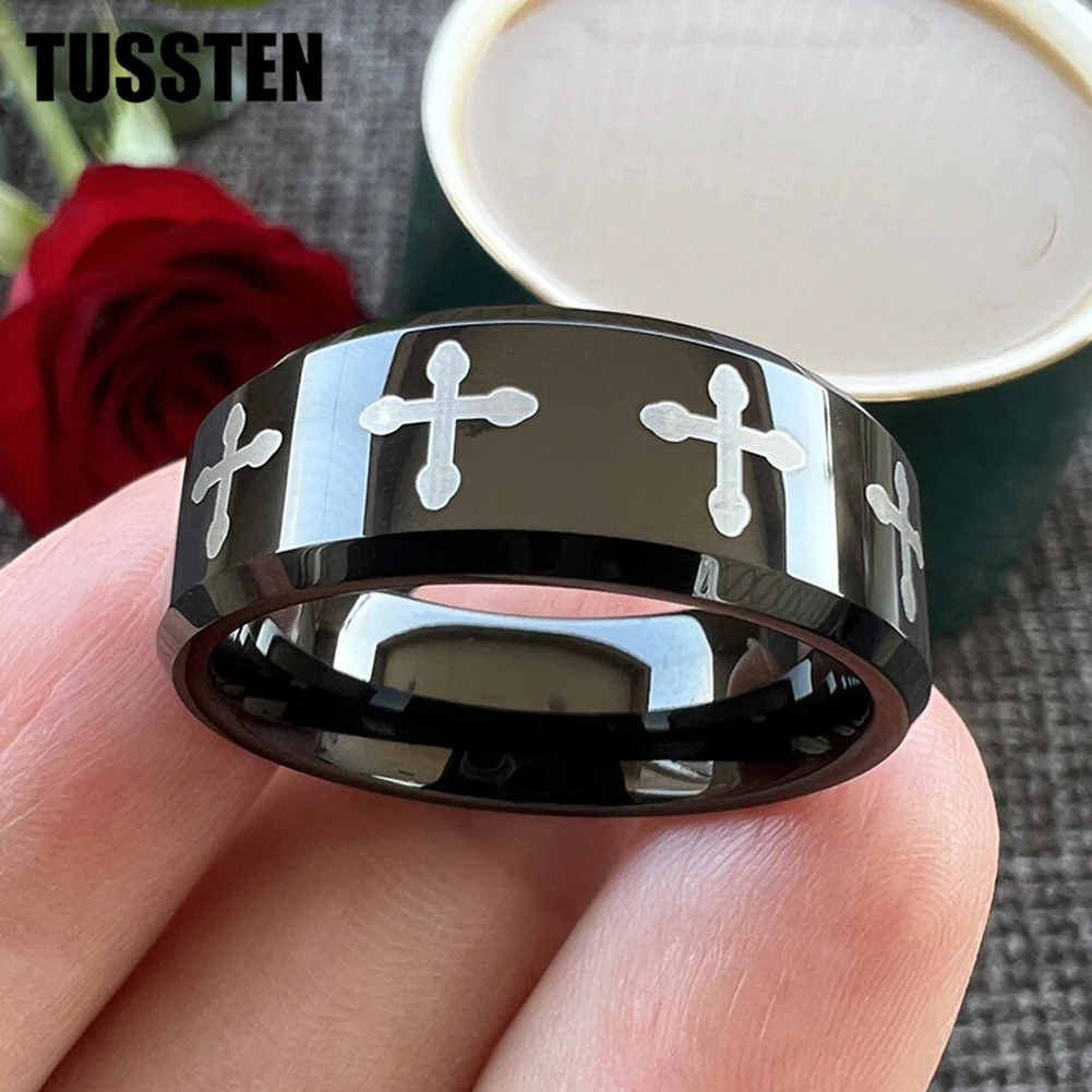 Dropshipping TUSSTEN 6/8MM Beveled Matte Tungsten Ring Laser Engraved With Cross Pattern For Comfortable Fit