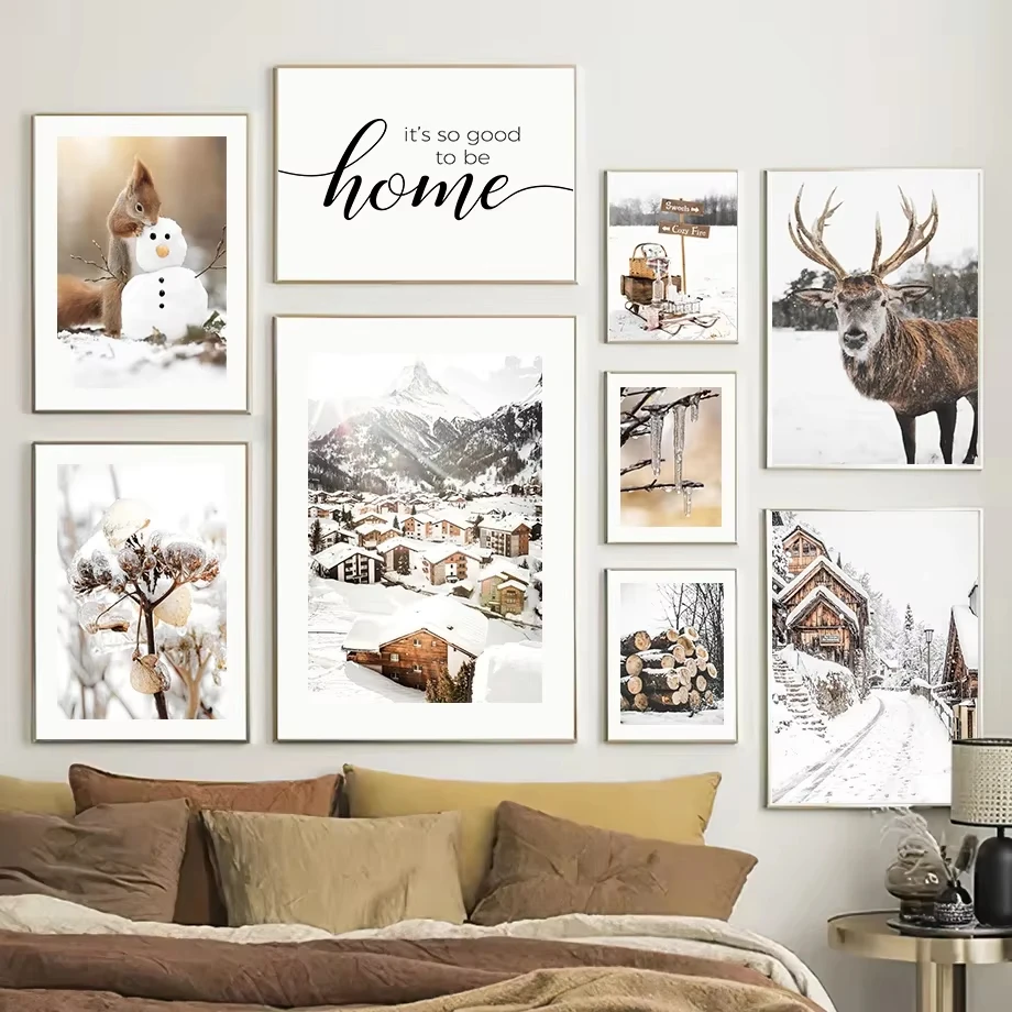 Winter Snowy Forest Mountain Flower Wall Art Oil Painting Nordic Posters and Prints Living Room Home Decoration Wall Painting