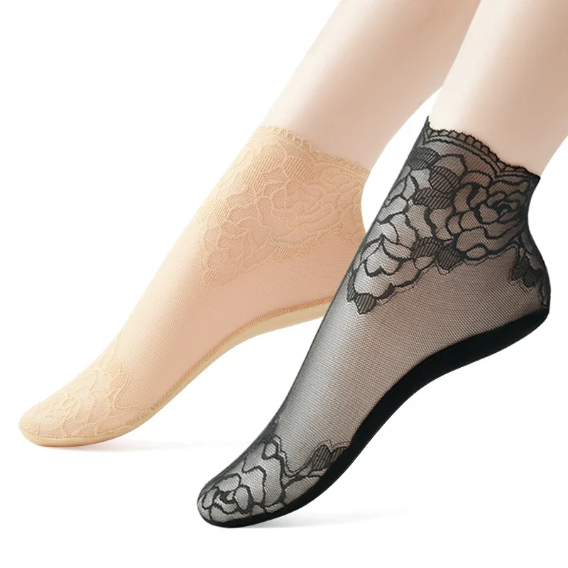 1 Pair Women Flower Lace Mesh Invisible Socks Thin Ladies Elastic Lace Mesh Ruffle Sock Hollow Non-slip Shallow Anklet Socks