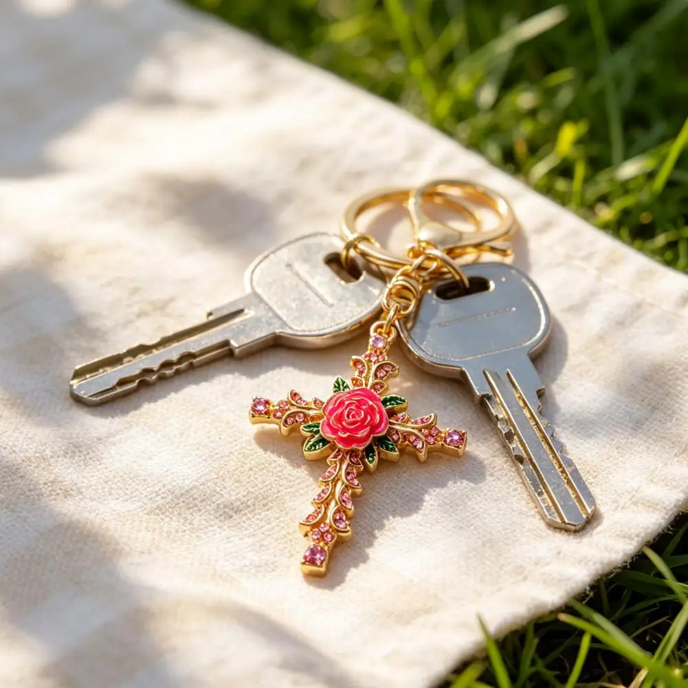 Retro Rhinestone Rose Keychain, Golden Plated Alloy Key Ring for Men Women, Keychain Pendant for Handbags Backpacks Decoration 9