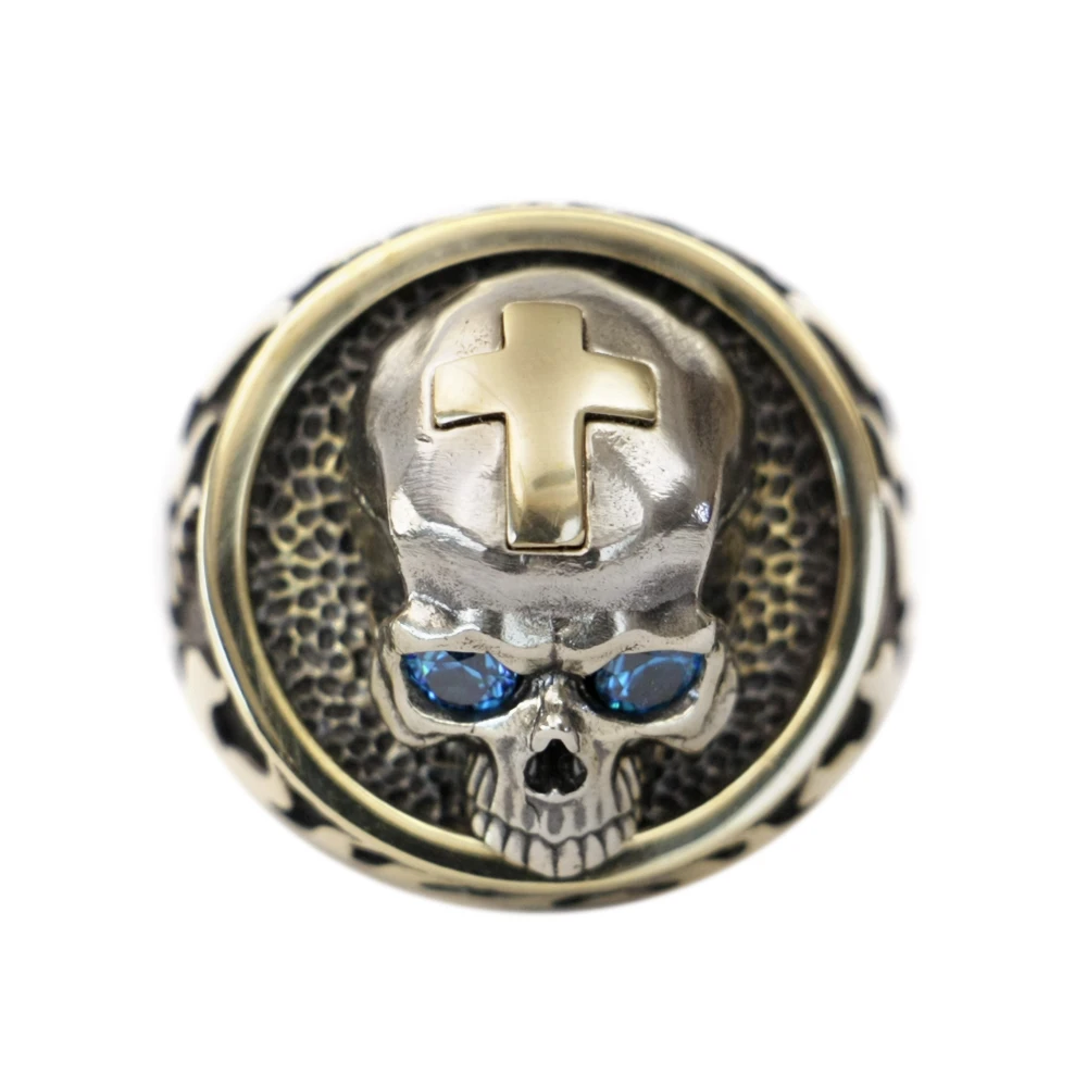 LINSION Blue CZ Eyes Cupronickel Skull Brass Fire Cross Ring BR454 US Size 8~15