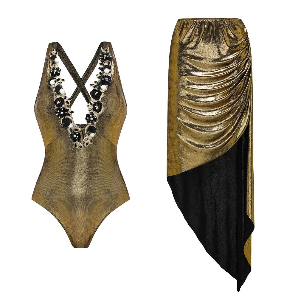 

MUOLUX 2024 Push Up Swimwear Monokini Gold Shiny Beaded Flowers Deep V-neck One Piece Swimsuit and Skirt Bodysuit Bathing Suit