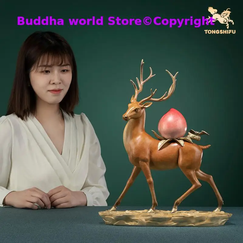 2025 Indonesia Advanced crafts Auspicious FU LU SHOU Longevity deer Peach COPPER statue Bless family healthy good luck mascot