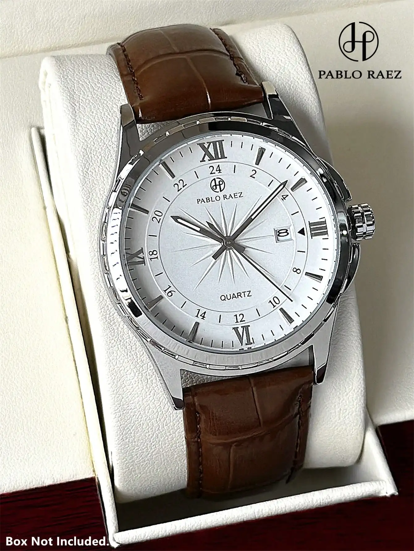 

Мужские кварцевые наручные часы с серебряным циферблатом, римскими цифрами, коричневым кожаным ремешком и функцией отображения даты