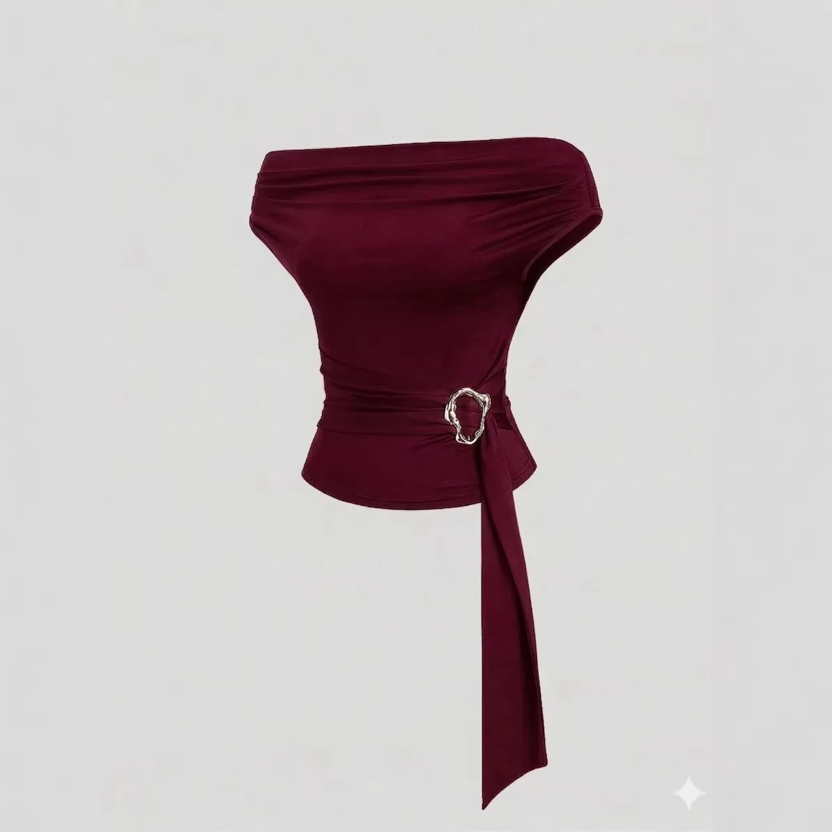 Women's Fashion Spring Summer Pure Color One Shoulder Design Metal Buckle Belted Top Slim Fit Style Drawstring Detail Sleeveless