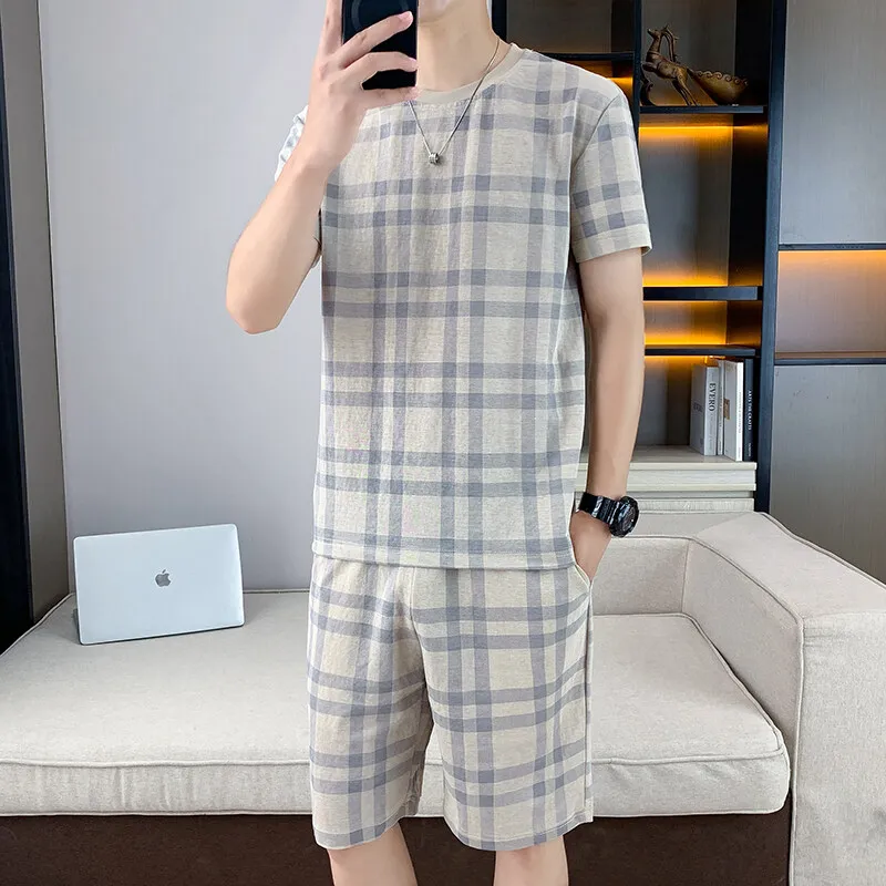 Casual Breathable Plaid Cotton T-Shirts & Shorts Short Sleeve Men's Sets 2025 Summer Youth Top Tees Pant Two-Piece Suit Clothing