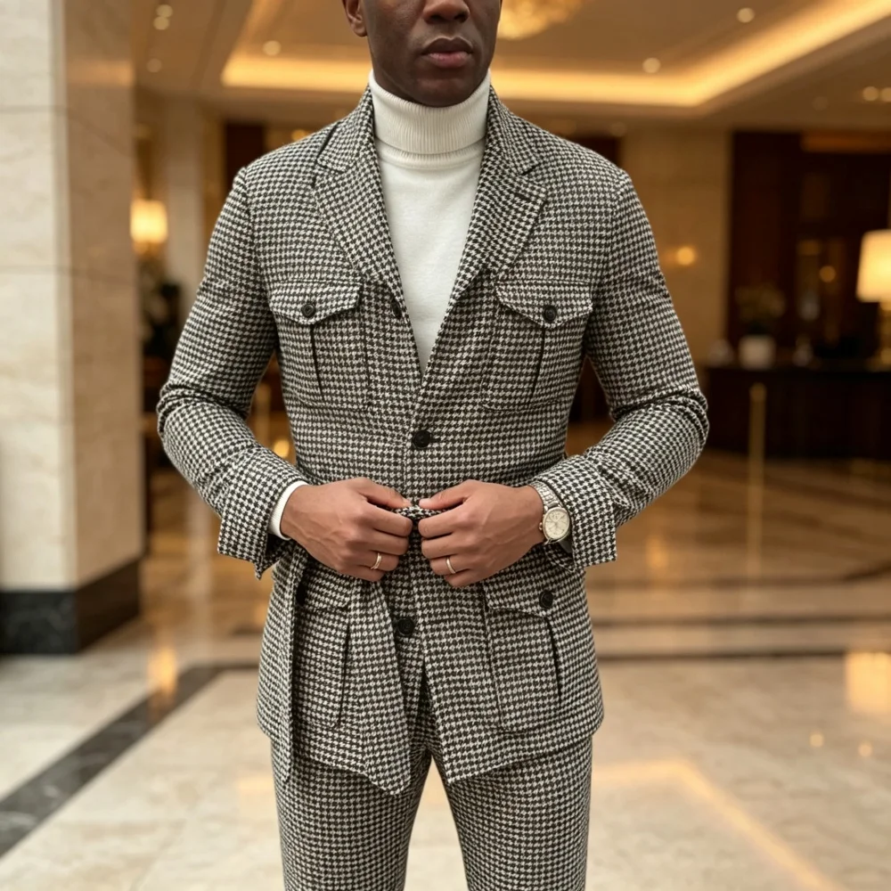 Plaid Single Breasted Safari Men Suit with Belt Set Separates 2 Pieces Custom Made Casual Wedding Daily Party (Blazer + Pants)