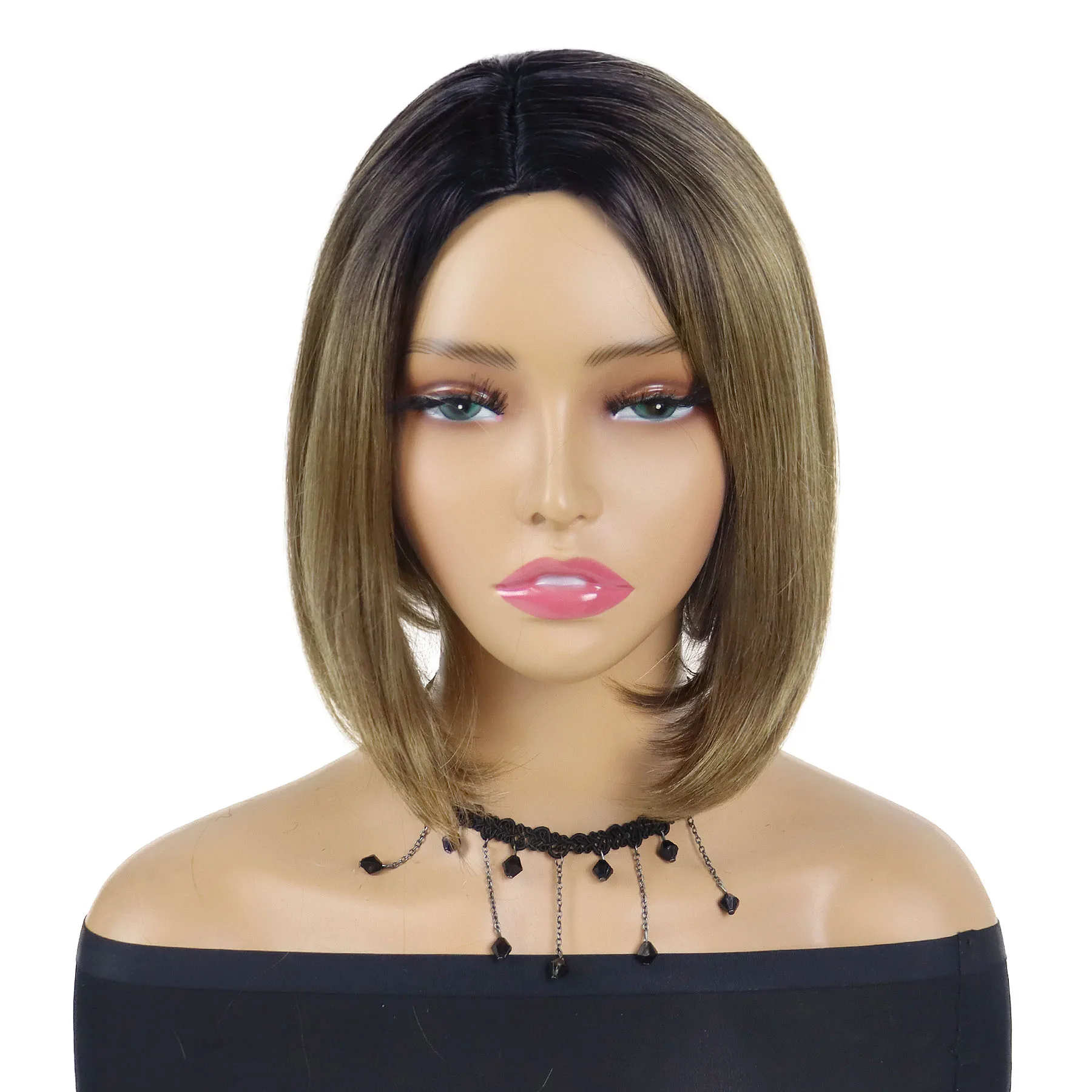 Peruca de cabelo sintético bob para mulher perucas curtas marrom ombre cor cabelo mamãe peruca com franja lateral cabelo reto fibra resistente ao calor