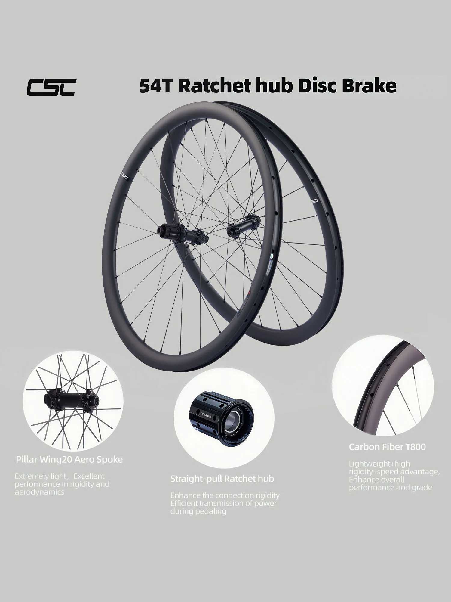 CSC 700C Grind fiets Carbon Wielen Center Lock schijfrem 54T Ratel 35/38/40/45/50/58mm 1280g Carbon Wielset UCI Kwaliteit - afbeelding 2