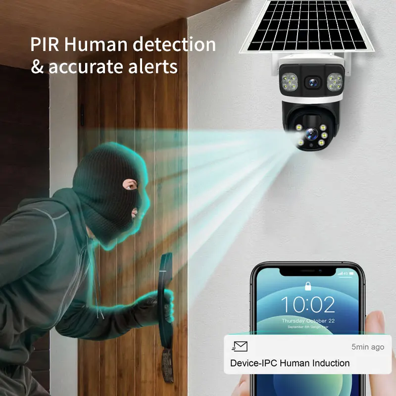 Caméra de surveillance solaire 4K, 12MP, Wi-Fi, avec lentille pour touristes, dispositif de sécurité extérieure, avec panneau solaire, détection humaine, 4G, EpiPTZ, CCTV