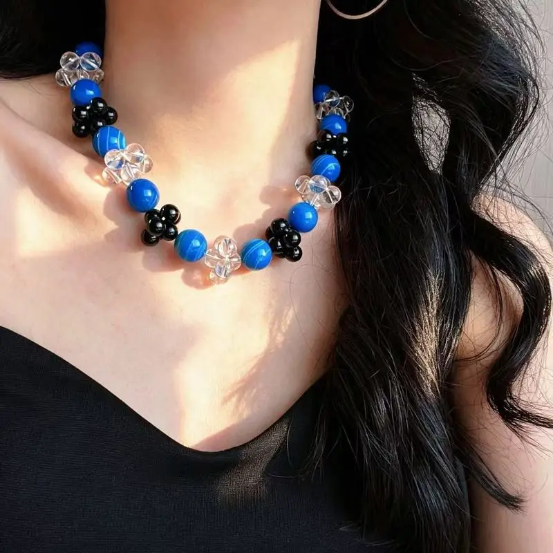 High-quality custom-made large-sized natural blue white crystal and black agate clavicle chain necklace