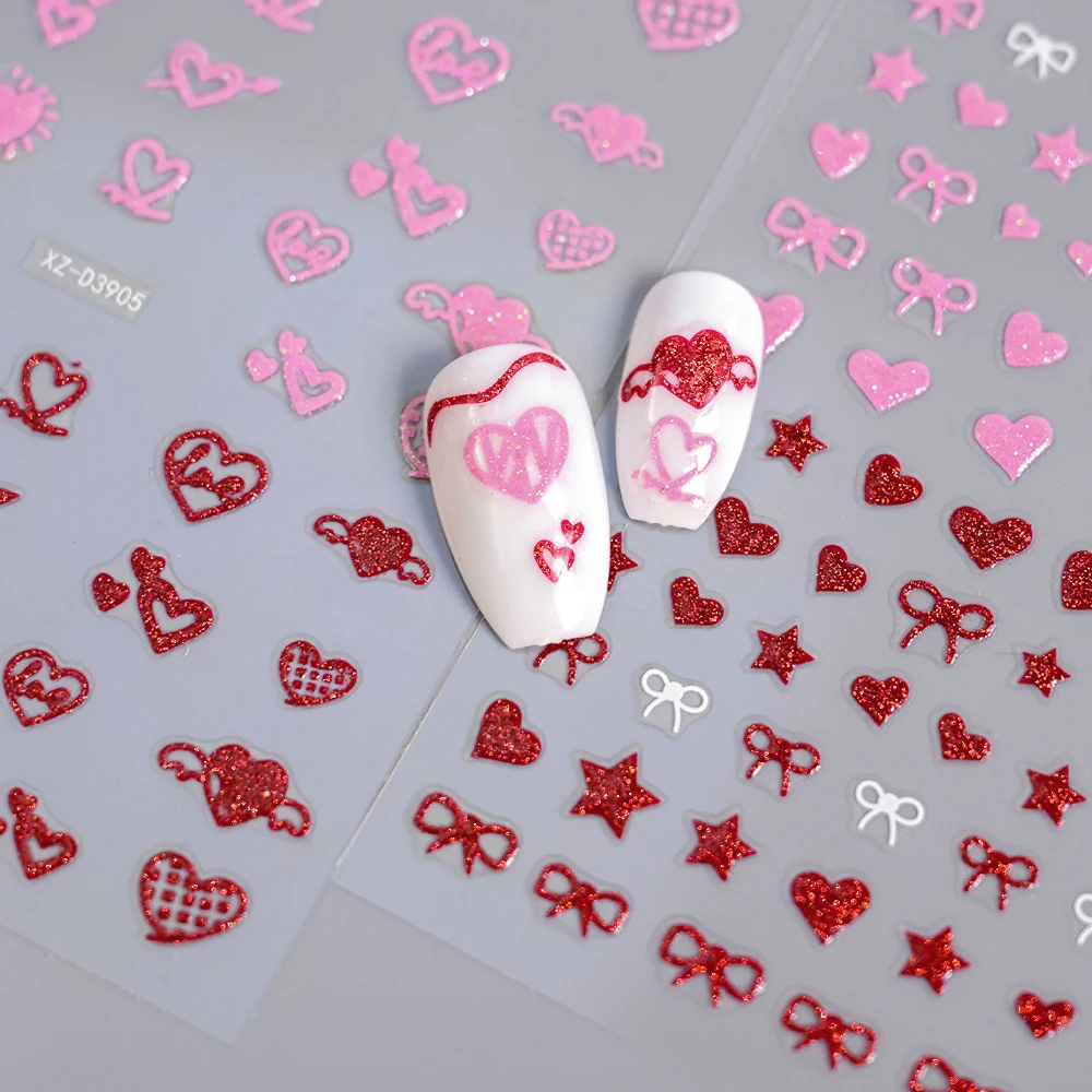 1PC 5D Pink/Red Love Heart Nail Sticker Glitter Shiny Heart Valentine\'s Day Nail Decal 8*10cm Kawaii Self-adhesive Nail Supplies