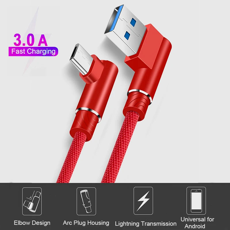 90 Angle USB C Type C Cable Charger Wire For Samsung Huawei Xiaomi USB-C USBC Type-C Long Fast Charge Data Cord 1m 2m