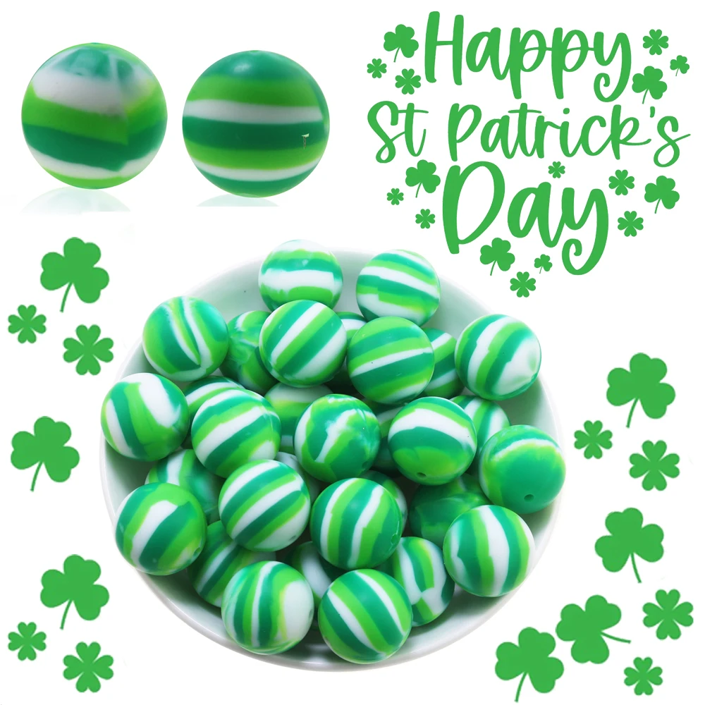 Dia de São Patrício 100 Pçs/lote Verde Tie-dye 12MM 20MM 15MM Contas de Silicone Rodadas Bolas Focais Soltas Para Canetas Fazer Jóias