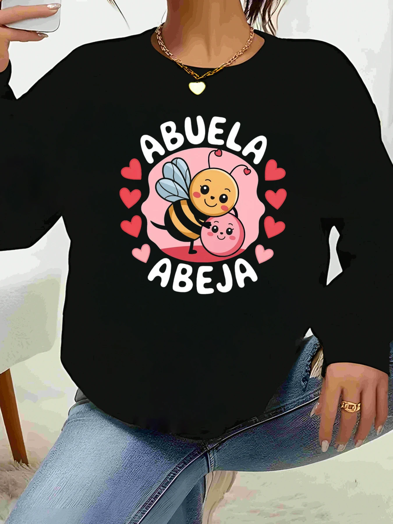 

Bee Grandma Abuela Abeja Print Long Sleeve T-Shirt Valentine's Day Casual Wear Women's Fashion Top