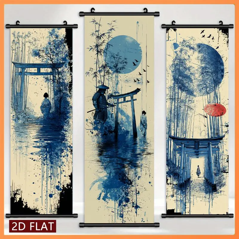 VIKAMA Blue White Ukiyo-e Torii Wall Tapestry Bamboo Forest Samurai Red Umbrella Scroll Art Home Decor Premium Quality Soft Cozy