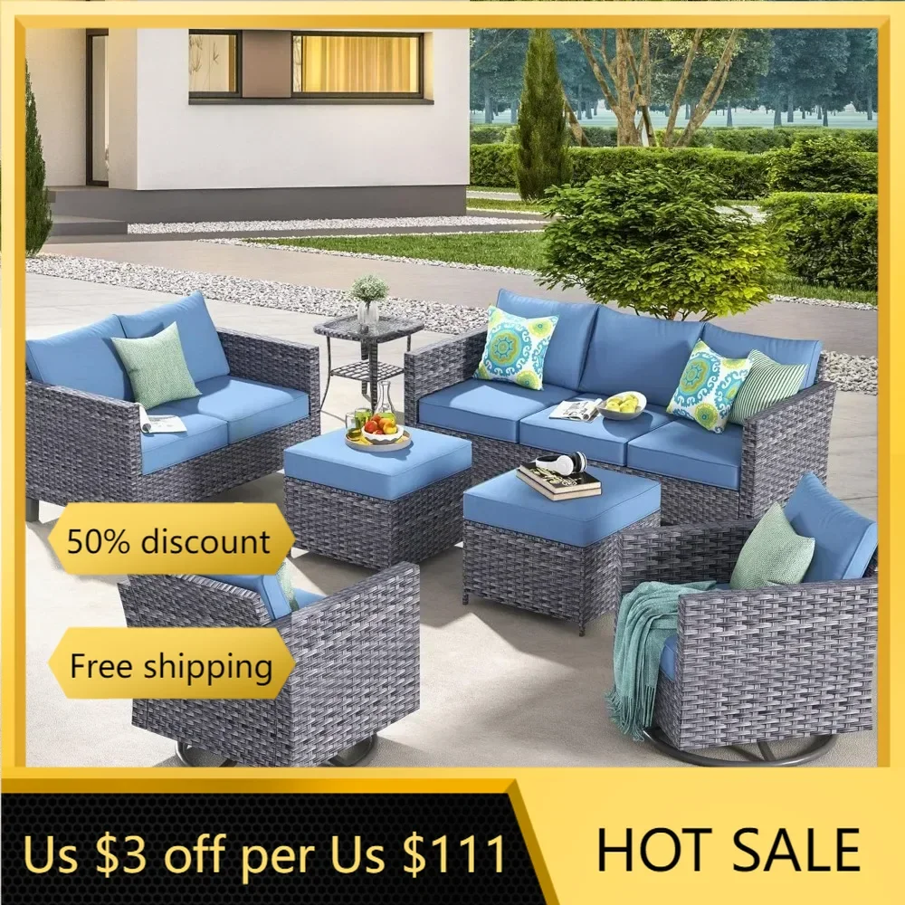 

7 Piece Patio Furniture Set, Outdoor Wicker Sofa Couch with Swivel Rocking Chairs, Loveseat, Comfy Cushions