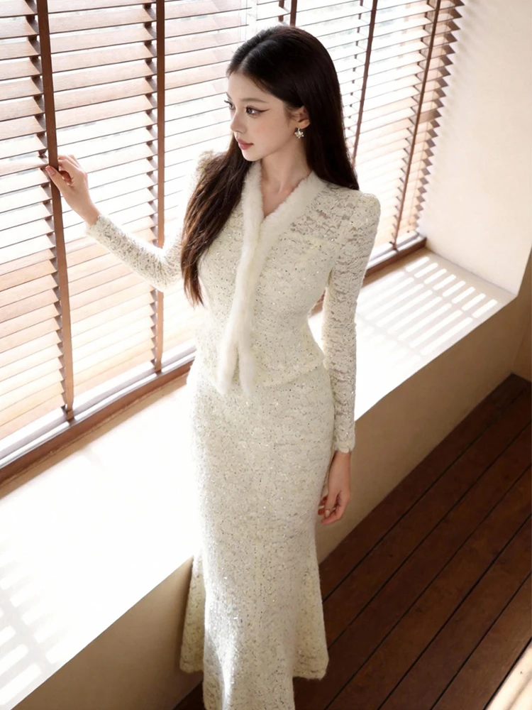 

New Women Spring Midi Dress Fake 2-Piece Lace Long Sleeve Slim Robe Elegant Lady Work Office Business Formal Party Prom Vestidos