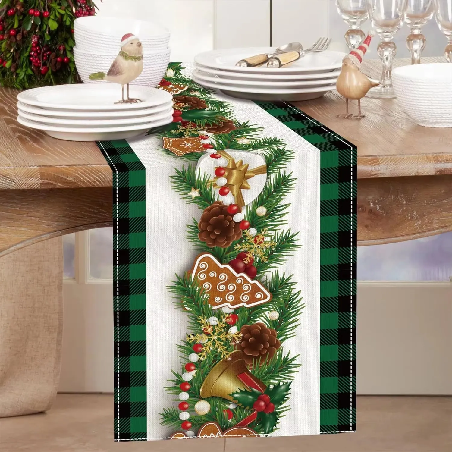 4PCS 35*180CM Buffalo Plaid Christmas Table Runner, Polyster Poinsettia Pine Cone Dining Table Decoration For Xmas Holiday Party