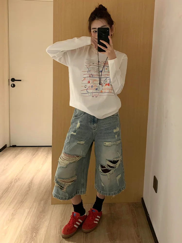 

plus Size American Retro Hole Denim Shorts Women Summer New Wide Leg Loose Slimming Sexy Street Seven Parts Pants Hot Girl