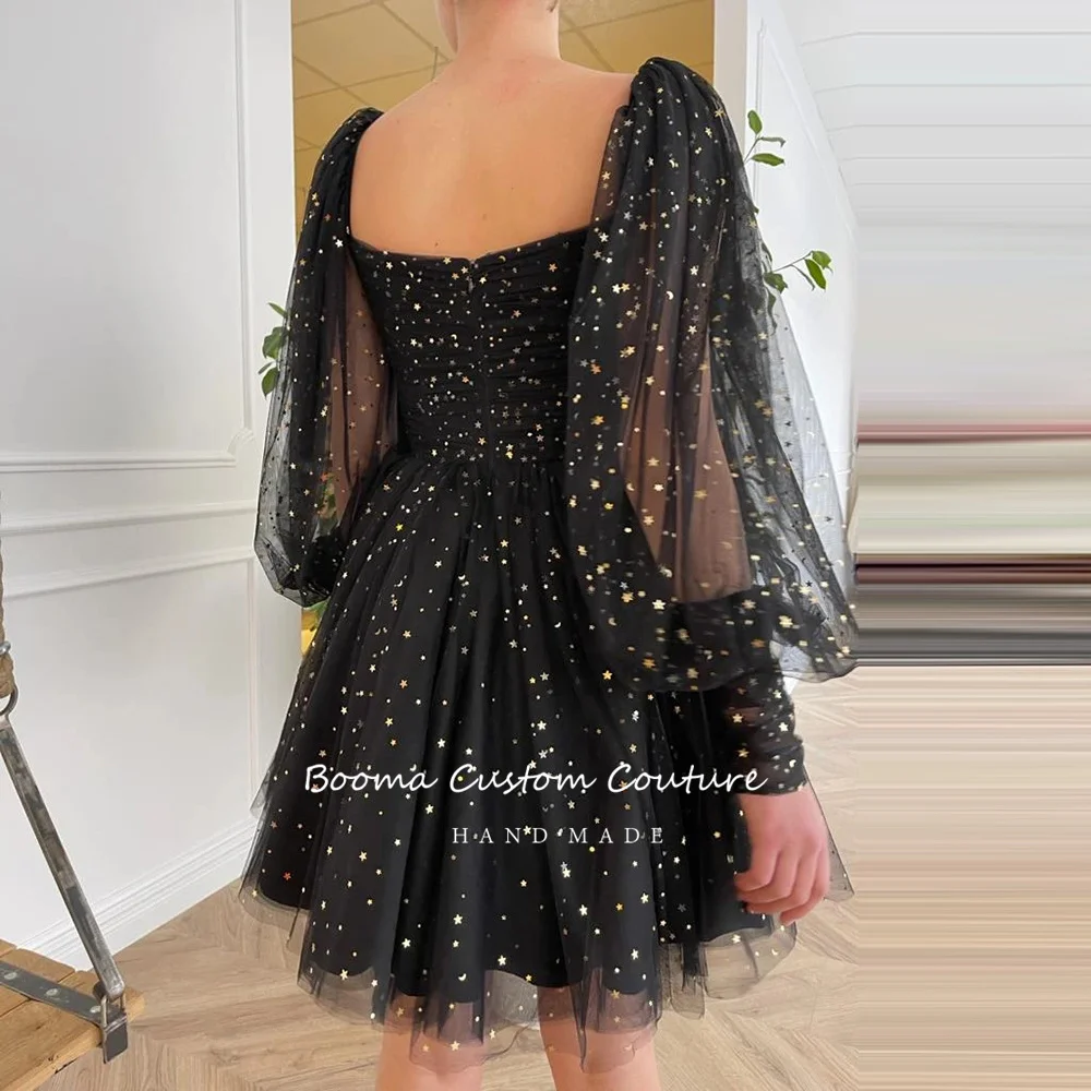 Booma Black Starry Tulle Mini Prom Dresses Long Puff Sleeves Pleated Short Homecoming Dresses Above Knee A-Line Party Dresses