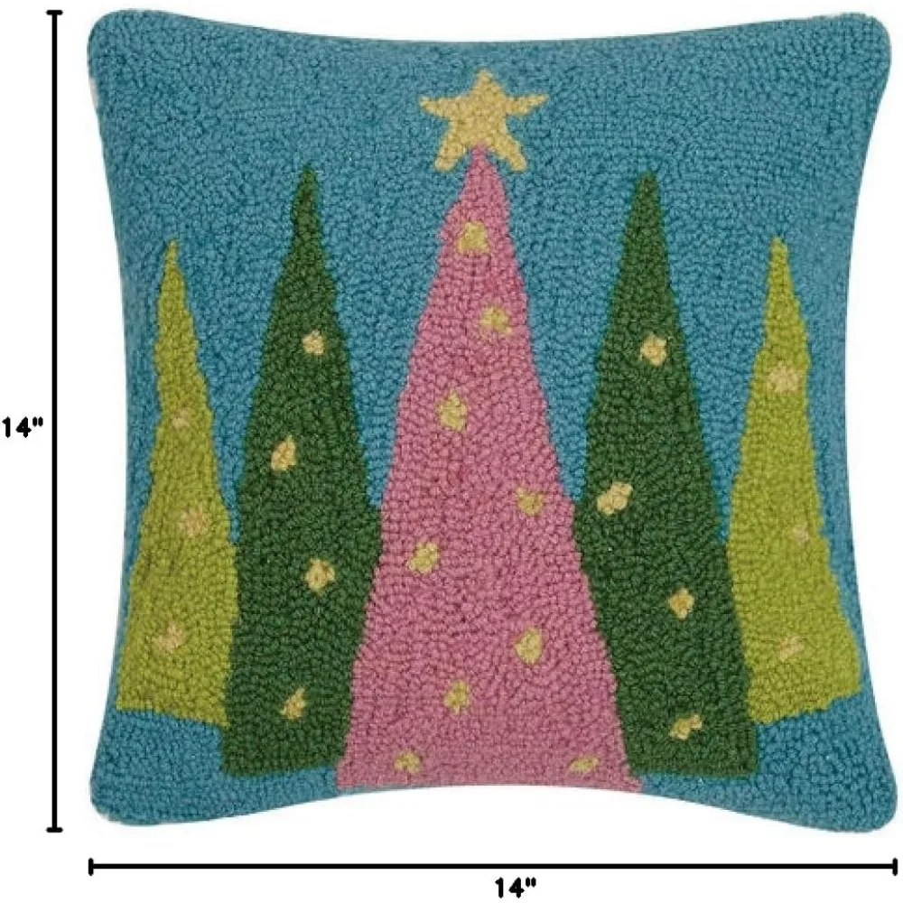 Merry and Bright Christmas Trees Hook Throw Pillow, 14-inch Square, Wool and Cotton