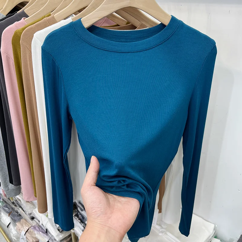 

Slim Fit Long Sleeve round Neck T-Shirt Women's Thin Threaded Early Autumn New Style Base Layer Shirt Casual Commute Style